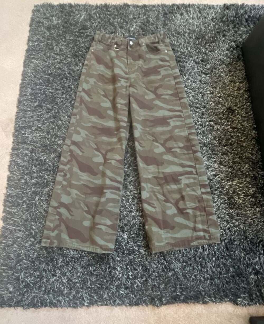 Nightmarket Y2K Inspired Camo Wide Leg Pants with D-Ring Detail